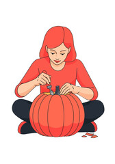 Flat Vector Illustration of Woman Carving Halloween Pumpkin