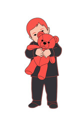 Adorable Flat Cartoon Kid Hugging Red Teddy Bear