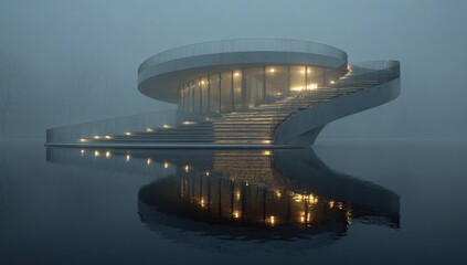 Futuristic circular house on stilts over water, shrouded in mist; illuminated interior and spiraling staircase reflecting in calm water