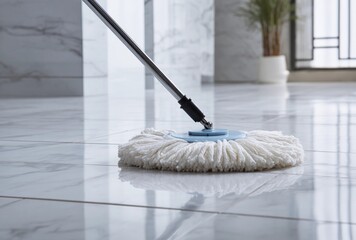 Close-up of a clean round string mop on a shiny marble tile floor. Bright modern interior with soft reflections and natural light. Concept: housekeeping, hygiene, floor cleaning, home care.