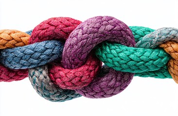 Close-up of interwoven multicolored braided ropes forming a strong knot on a white background. Vivid texture and fibers visible. Concept: strength, unity, teamwork, connection, diversity.
