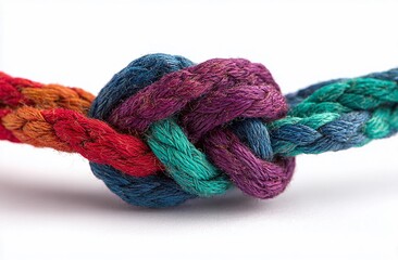 Macro close-up of a multicolored braided rope tied in a tight knot on a clean white background. Detailed fibers and texture visible. Concept: strength, unity, connection, reliability, teamwork.