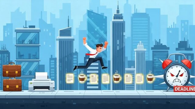 Businessman Racing Against an Angry Deadline Clock in a Video Game.