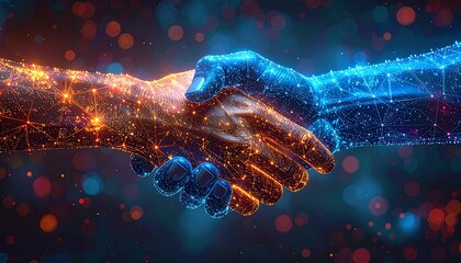 A digital handshake illustrates collaboration. One hand is orange-yellow, the other blue-green, suggesting technology & human connection. Dotted lines link all parts, implying connectivity
