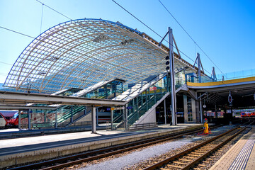 Steel and glass roof over the railway station of Chur in the canton of Graub&uuml;nden, Switzerland