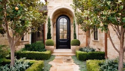 Naklejka premium A charming, well-maintained garden surrounds a stately entryway with a dark wooden door.