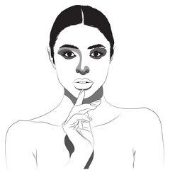 An illustration depicts a woman with dark hair pulled back, wearing dramatic eye makeup and bare shoulders. She poses with a finger touching her lips, conveying a thoughtful or secretive expression in
