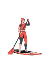 Flat Vector Illustration of Woman Stand up Paddleboarding