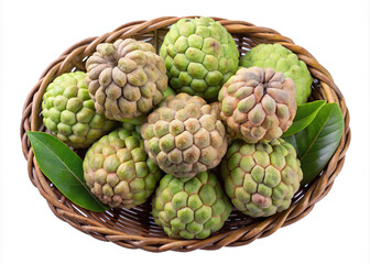 Fototapeta premium Top view of ripe sugar apples fruit basket fresh sweet exotic produce healthy tropical goodness