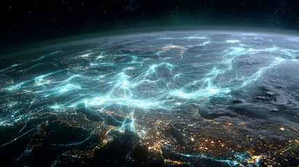 A stunning view of Earth from space, with continents connected by a glowing AI-managed mycelial network.