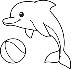 Playful dolphin illustration ready for coloring pages, educational projects, or creative designs, evoke joy and wonder with this charming sea creature and ball, perfect for kids