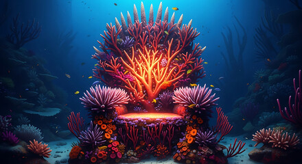 Fantasy coral throne deep underwater throne with ocean creatures and bioluminescence