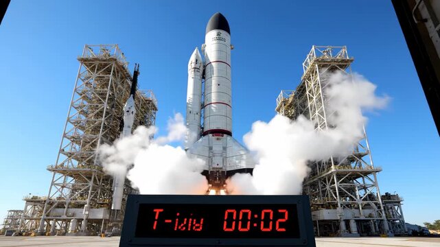 Rocket Launch Countdown with Ignition and Smoke Cloud at T-6 Seconds
