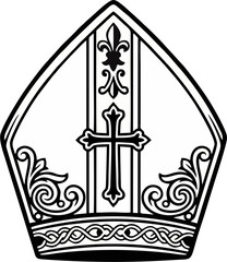 Floral Ornate Bishop Mitre Vector – Black and White Line Art Pope Hat with Christian Cross and Decorative Border