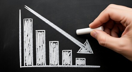 Hand draws downward trending bar graph on chalkboard with chalk stick