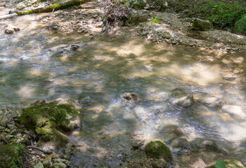 the source of the mountain river in the summer, walking along the rocky shore