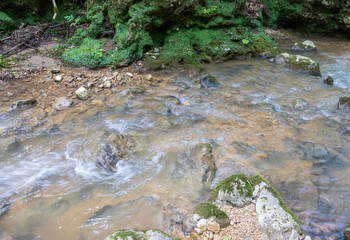 the source of the mountain river in the summer, walking along the rocky shore