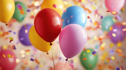 Happy birthday sign made of colorful balloons and confetti background