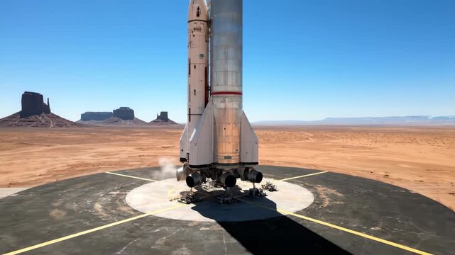 Rocket Launch Pad in Desert Landscape with Clear Blue Sky