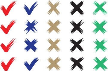 Multi Colored Hand Drawn Check Marks And Crosses In Red Blue Gold Black And Green On A White Background