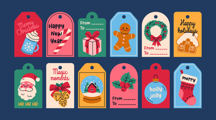 Collection of Christmas and New Year gift tags. Festive labels for wrapping, decoration, greeting cards.