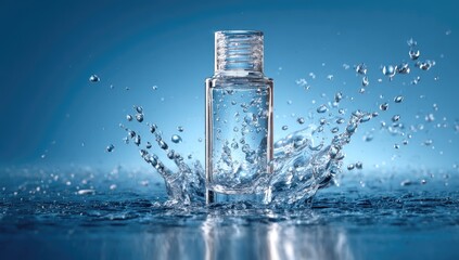 A clear glass bottle, rectangular with a small cap, sits amidst a dynamic water splash against a deep blue backdrop.  The water is highly textured and glistening