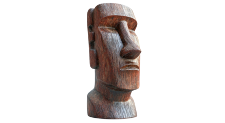 Wooden moai statue with rough texture, dark brown color, against black