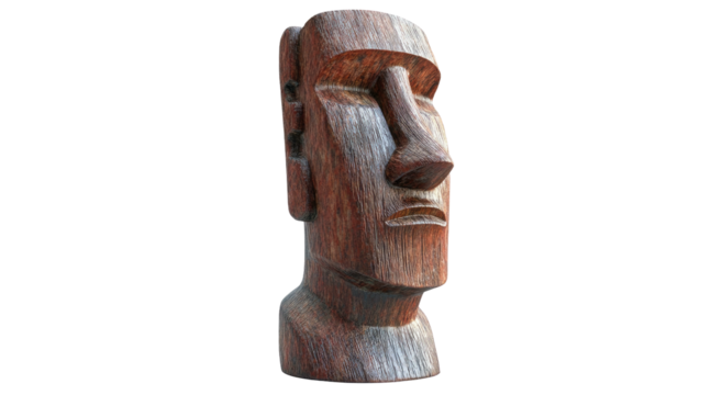 Wooden moai statue with rough texture, dark brown color, against black