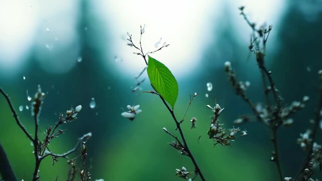 A single green leaf on a branch with a blurred forest background. 4k Video footage