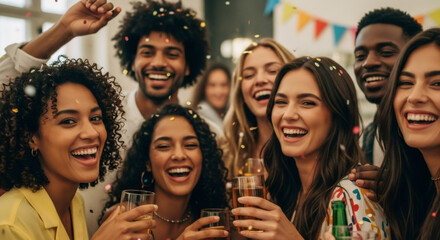 Group of young multiethnic friends laughing and celebrating with confetti falling. Happy party event with diverse people drinking and enjoying time together.