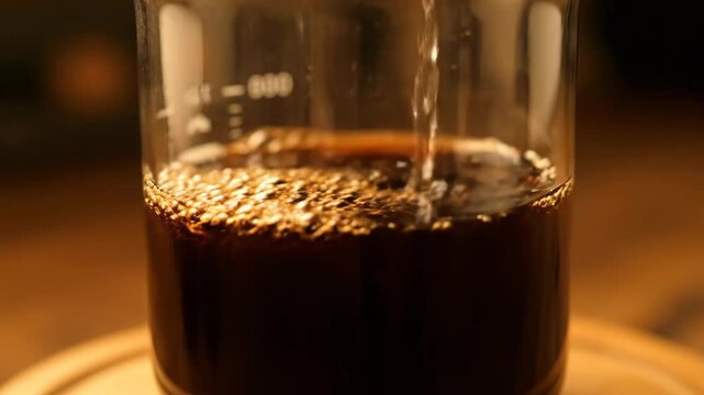 Coffee grounds in a glass beaker ready for brewing process.