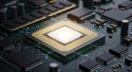 A computer processor on a circuit board with various components and connectors.