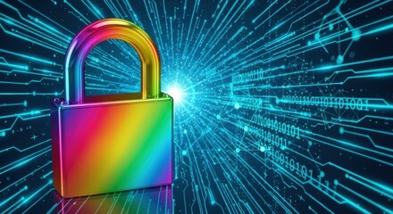 A colorful padlock with a digital background, representing security and technology.