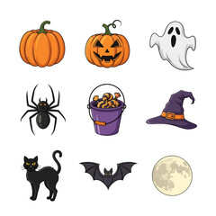 Whimsical Halloween Illustrations Featuring Classic Spooky Elements on White Background