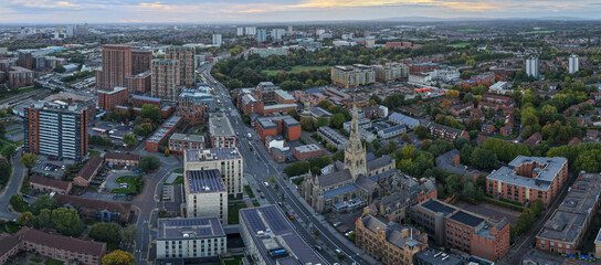 Aerial view of Chapel Street in Salford with St John’s Cathedral and Salford University in the distance.