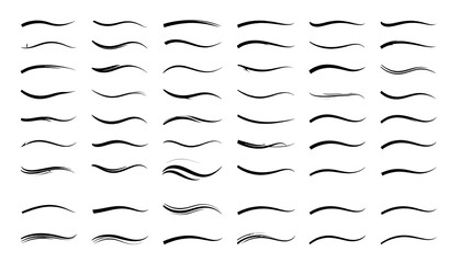 A collection of stylized black curved line elements with various thicknesses and textures against a white backdrop, a design asset