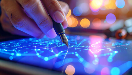 Data flow visualized: A hand meticulously traces digital pathways on a tablet with a sleek pen, crafting connections and illuminating the intricate network of data streams.