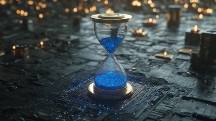 Elegant hourglass with blue sand on futuristic tech surface low light - Powered by Adobe