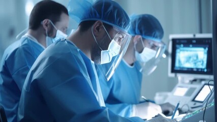 Surgeons in blue scrubs focus on a procedure, captured from a side angle. The video conveys precision and teamwork in a sterile environment.