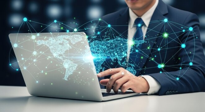 A man in a suit using a laptop with a world map and network connections on the screen.