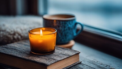 Warm candlelight, cozy cups, window view