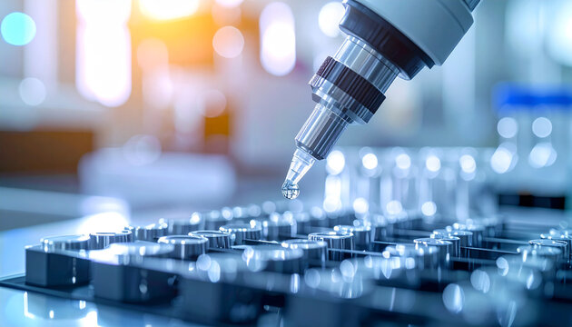 Precision Analysis in Science: Close-up view of a scientific instrument, dispensing a precise drop onto a sample grid, emphasizing the meticulous nature of scientific research.