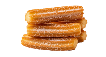 Stack of churros are coated with sugar, showing their golden-brown color and ridged texture.