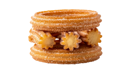 Stack of sugary churros are arranged with star-shaped churros in between round churros and sugar granules are sprinkled overall.