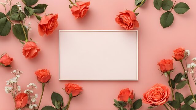 Pink background with coral roses and white baby's breath surrounding a central pale pink blank card. Concept Floral centerpiece, Pink backdrop with coral roses, White baby's breath accents - Powered by Adobe