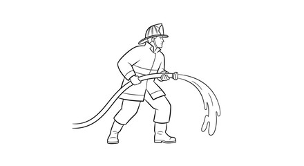 Fototapeta premium Brave firefighter in action silhouette combating flames with powerful hose outline design