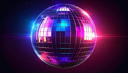 A dazzling, spherical object reflecting vibrant colors. Flashes of light burst outward against a dark backdrop, creating a festive atmosphere