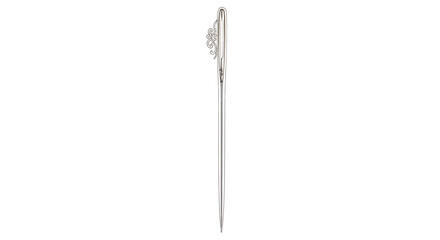Detailed macro photograph showcases a sewing needle isolated against a stark white background