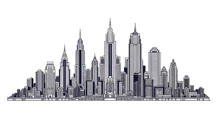 Naklejka premium Detailed monochrome vector illustration showcases a stylized urban skyline, perfect for design or