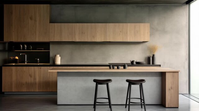Minimalist kitchen with wooden cabinets and island, shot from a straight-on angle. Ideal for modern design video content. Live desktop wallpaper.
